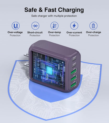50W 2-Pack USB C Wall Charger Block, 5-Port C Charger Fast Charging Block PD Power Adapter +QC 3.0 Multiport Type C Box Brick Cube USB A Wall Plug for iPhone 16/15/14/13 Pro Max,Samsung Galaxy(Purple)
