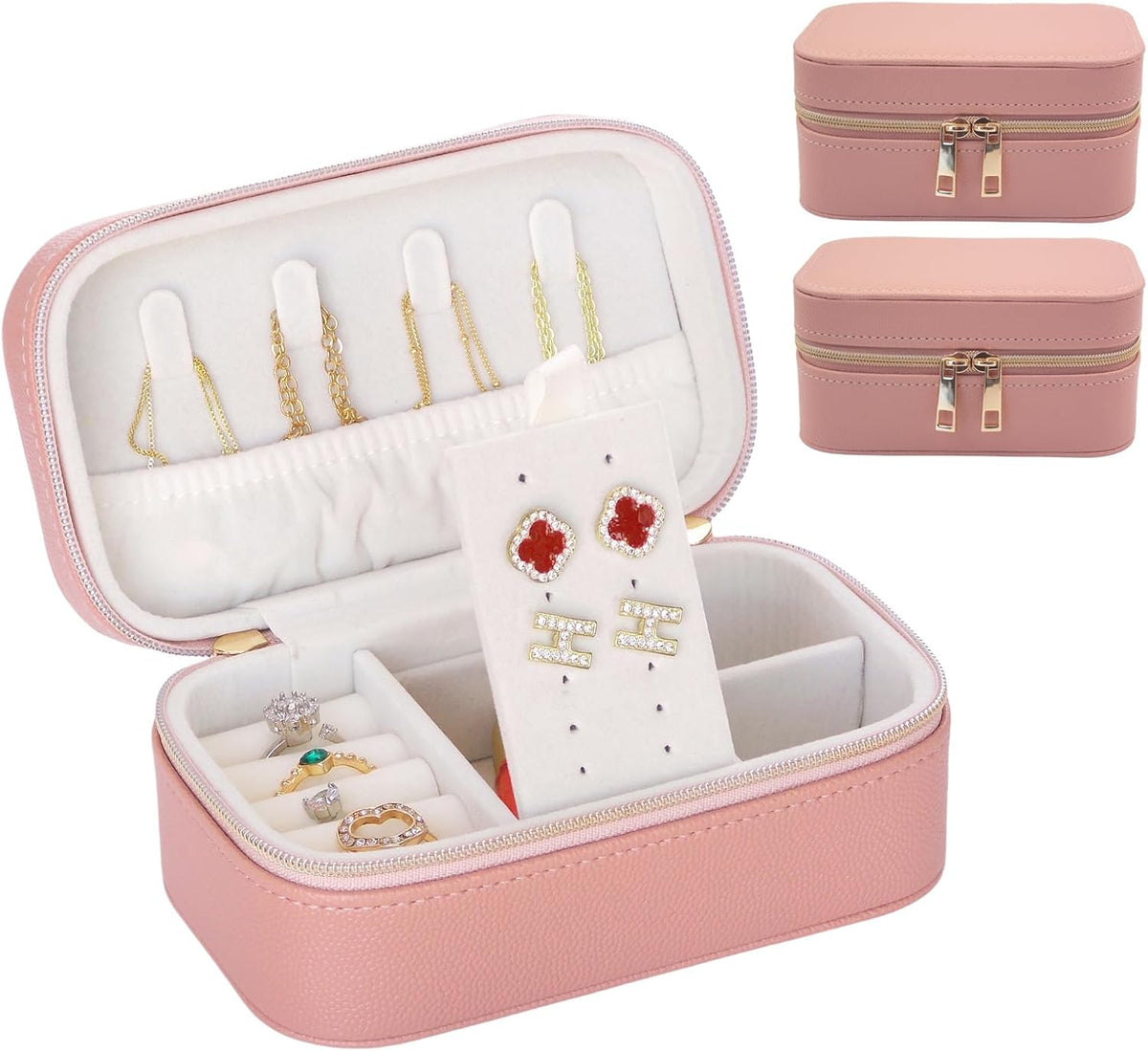 Travel Jewelry Case Bulk Of 2 For Women Weekend,Gold Zip, PU Leather Compact Jewelry Organizer For Earring Bracelets Pink Travel Jewelry Box Set Perfect For Small Bridesmaid Jewelry Box Gift