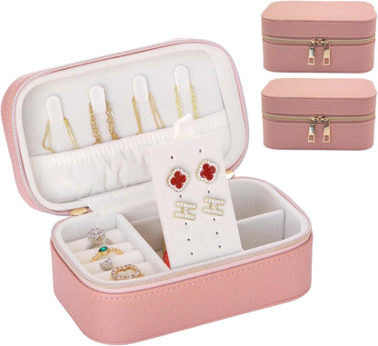 Travel Jewelry Case Bulk Of 2 For Women Weekend,Gold Zip, PU Leather Compact Jewelry Organizer For Earring Bracelets Pink Travel Jewelry Box Set Perfect For Small Bridesmaid Jewelry Box Gift