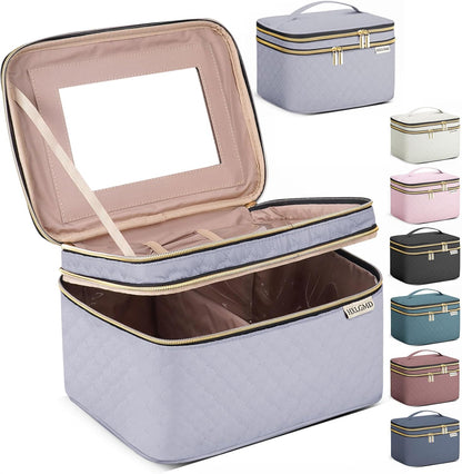 Large Makeup Bag with Mirror Double Layer Travel Make Up Organizer Case, Large Capacity Coemetic with Brush Slot Divider, Travel Toiletry Bag for Women (Grey)