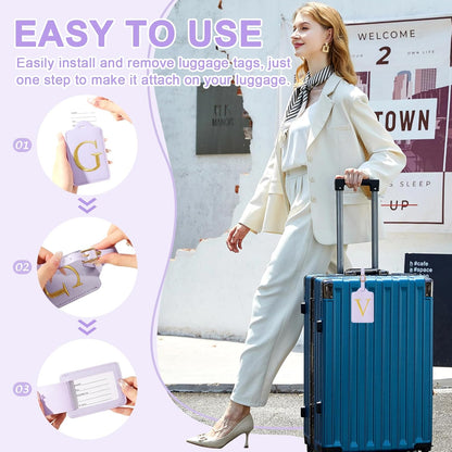 Personalized Initial Luggage Tags for Suitcase, Purple Leather Cute Luggage Tags with Privacy Cover Name Card, Embroidered Custom Monogrammed Luggage Tag Travel Backpack Tags Gifts for Women Kids(V)