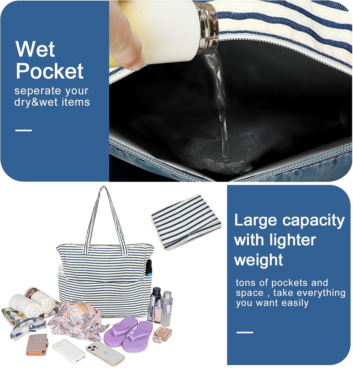 Beach Pool Bags Tote for Women Ladies Large Gym Tote Carry On Bag With Wet Compartment for Weekender Travel Waterproof