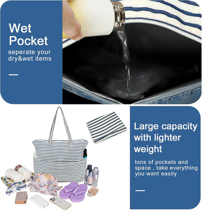 Beach Pool Bags Tote for Women Ladies Large Gym Tote Carry On Bag With Wet Compartment for Weekender Travel Waterproof