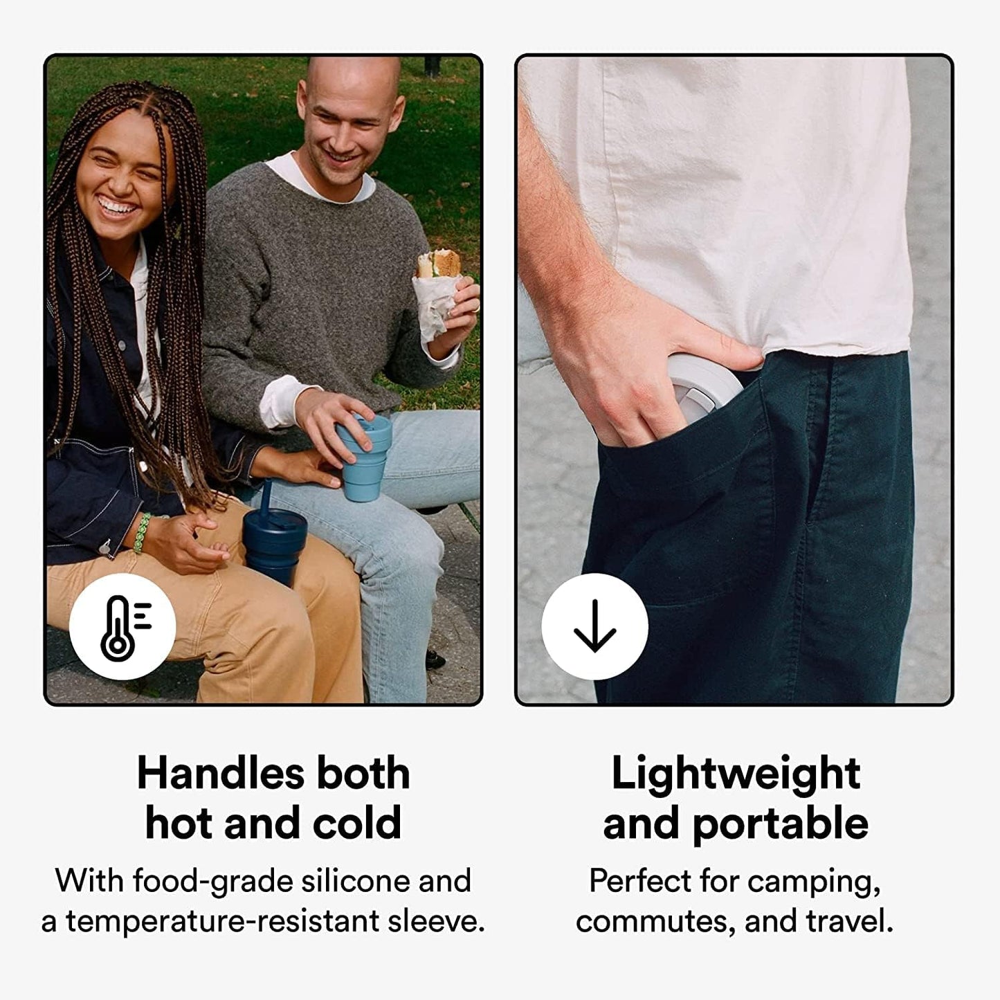 STOJO Collapsible Travel Cup - Reusable To-Go Pocket Size Silicone Bottle for Hot and Cold Drinks - Perfect for Camping - Microwave & Dishwasher Safe (Denim, 12 Ounce (Pack of 1) - No Straw)