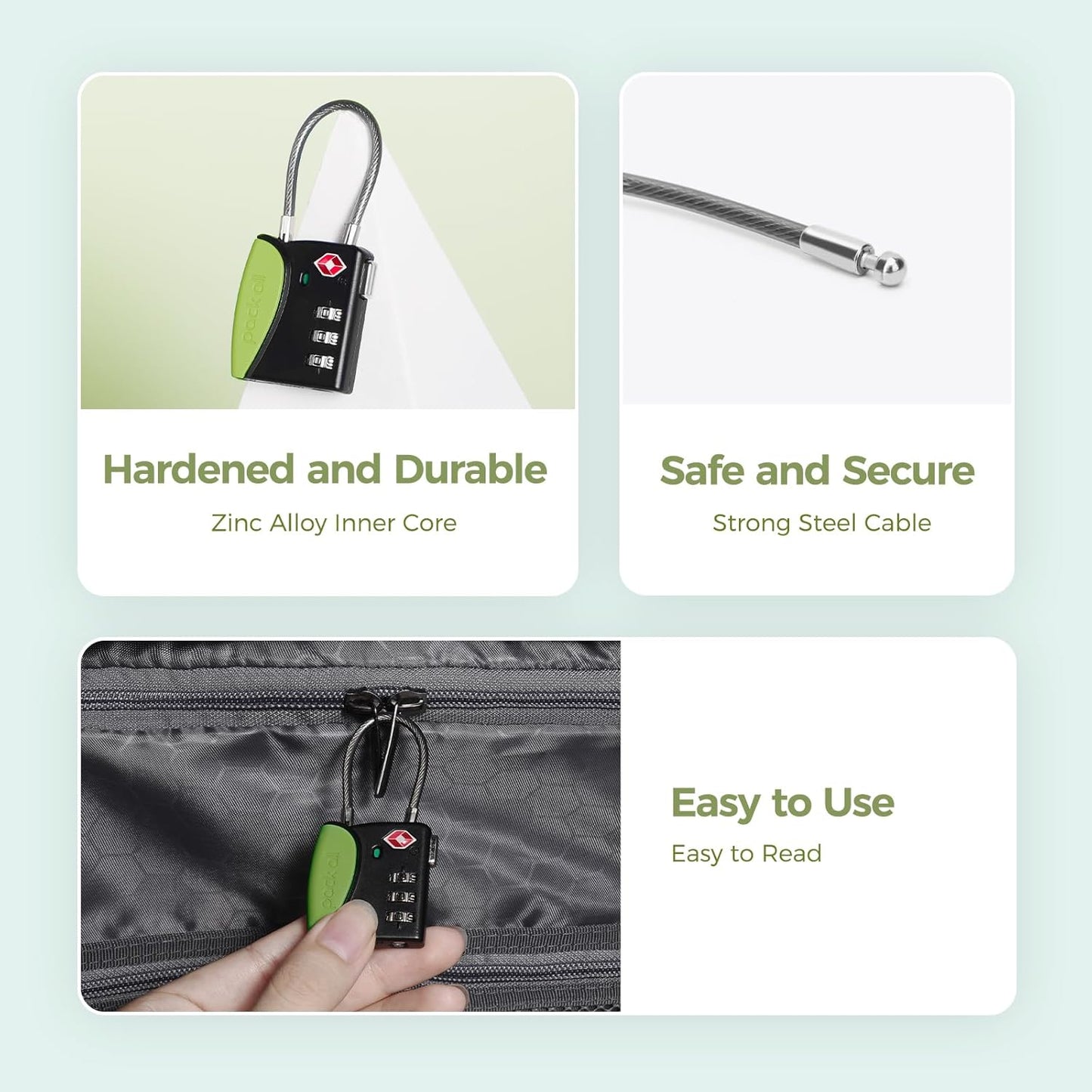 pack all TSA Approved Cable Luggage Locks, 3 Digit Combination Padlocks, Travel Lock for Suitcases & Bag, Alloy Body, Travel Accessories (1 Pack)（Apple Green）