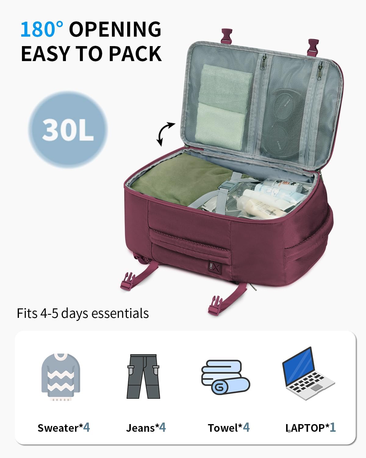 ECOHUB Travel Backpack for Women, Carry on Backpack with USB Charging Hole, Spirit Airlines Personal Item Bag Flight Approved, 15.6 Inch Laptop Backpack with Anti Theft Pockets, 30L, Red