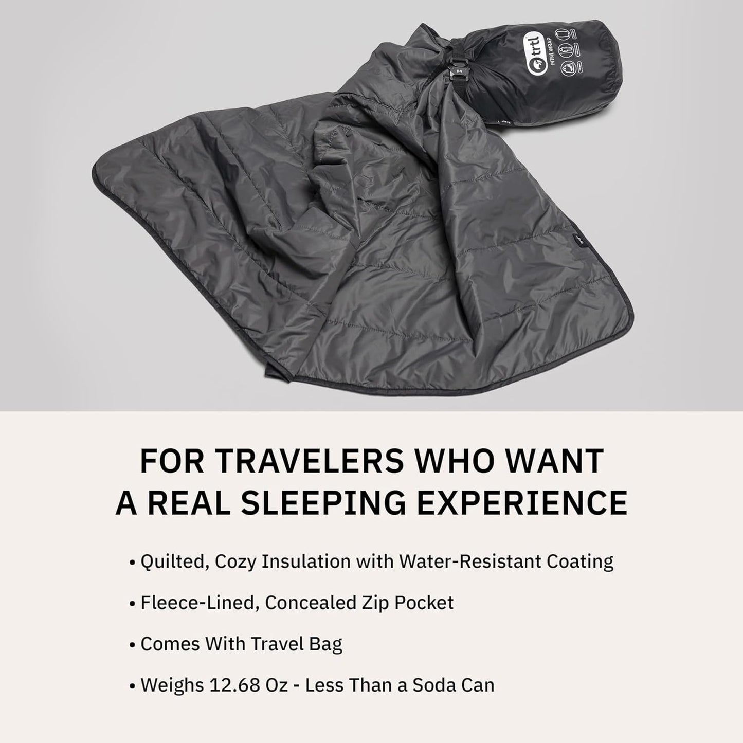 trtl Mini Wrap Compact Travel Blanket - Quilted Insulation - Convenient, Packable Blanket - Comes with Roll-Top Bag - Features a Secure Pocket