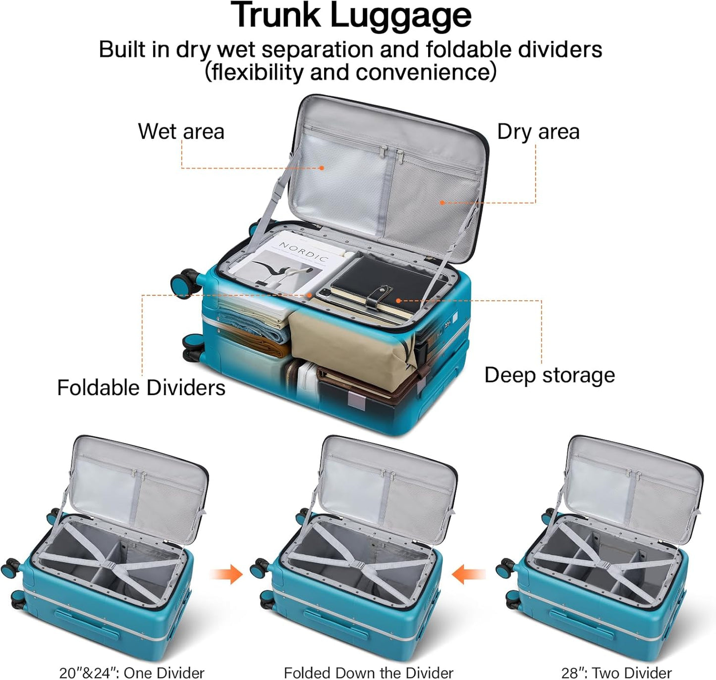 Hanke 24 Inch Luggage with Cup Holder and Charge,Top Opening Hard Shell Suitcases with Wheels and Dividers,Aluminum Frame Trunk Luggage Medium Checked Suitcase with Lock for Travel,Caribbean Blue