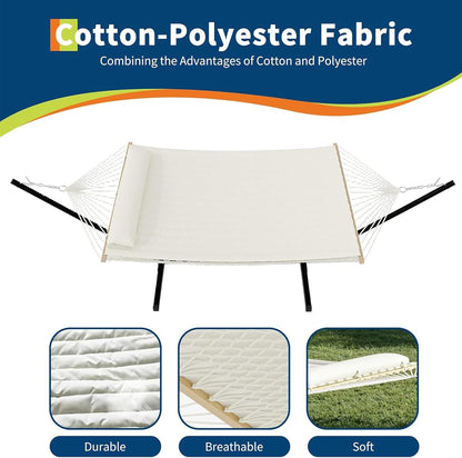 Double Hammock with Stand for 2 Persons Outdoor,Heavy Duty 450lb Capacity,with Portable Steel Frame,Cotton Rope,Polyester Pad and Carry Bag,Perfect for Garden Camping Beach Backyard Patio