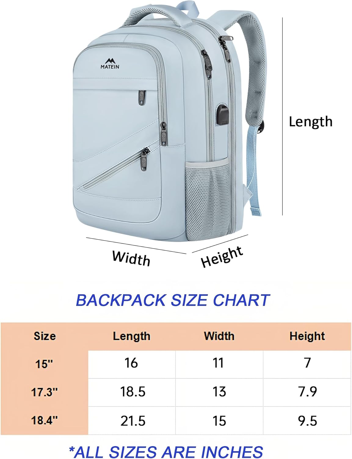 MATEIN 18 Inch Laptop Backpack for Women, Extra Large Anti Theft College Computer Rucksack with Luggage Strap, Waterproof TSA Approved 50 L Carryon Backpack for Work Business Travel, Haze Blue