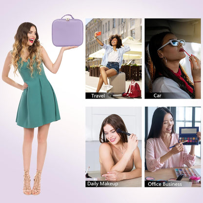 Travel Makeup Bag with LED Mirror Travel Makeup Organizer with 3 Lighted Settings, Adjustable Dividers and Makeup Brush Storage Bag Purple