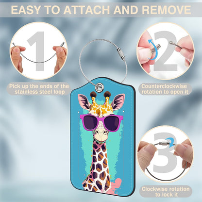 2 Pcs Giraffe in Sunglasses Luggage Tags for Suitcases PU Leather Baggage Tags Name ID Label with Privacy Cover and Stainless Steel Loop for Men Women Travel Bag Suitcase