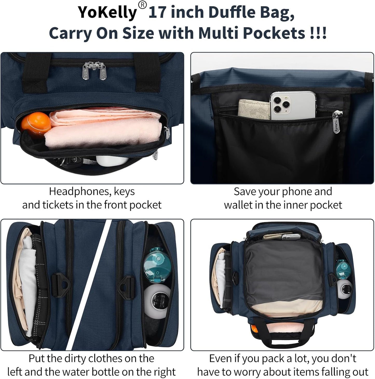 Small Duffel Bag 17 inch Carry On Weekender Bag for Travel Gym Sport (17x10x9 in) - Navy