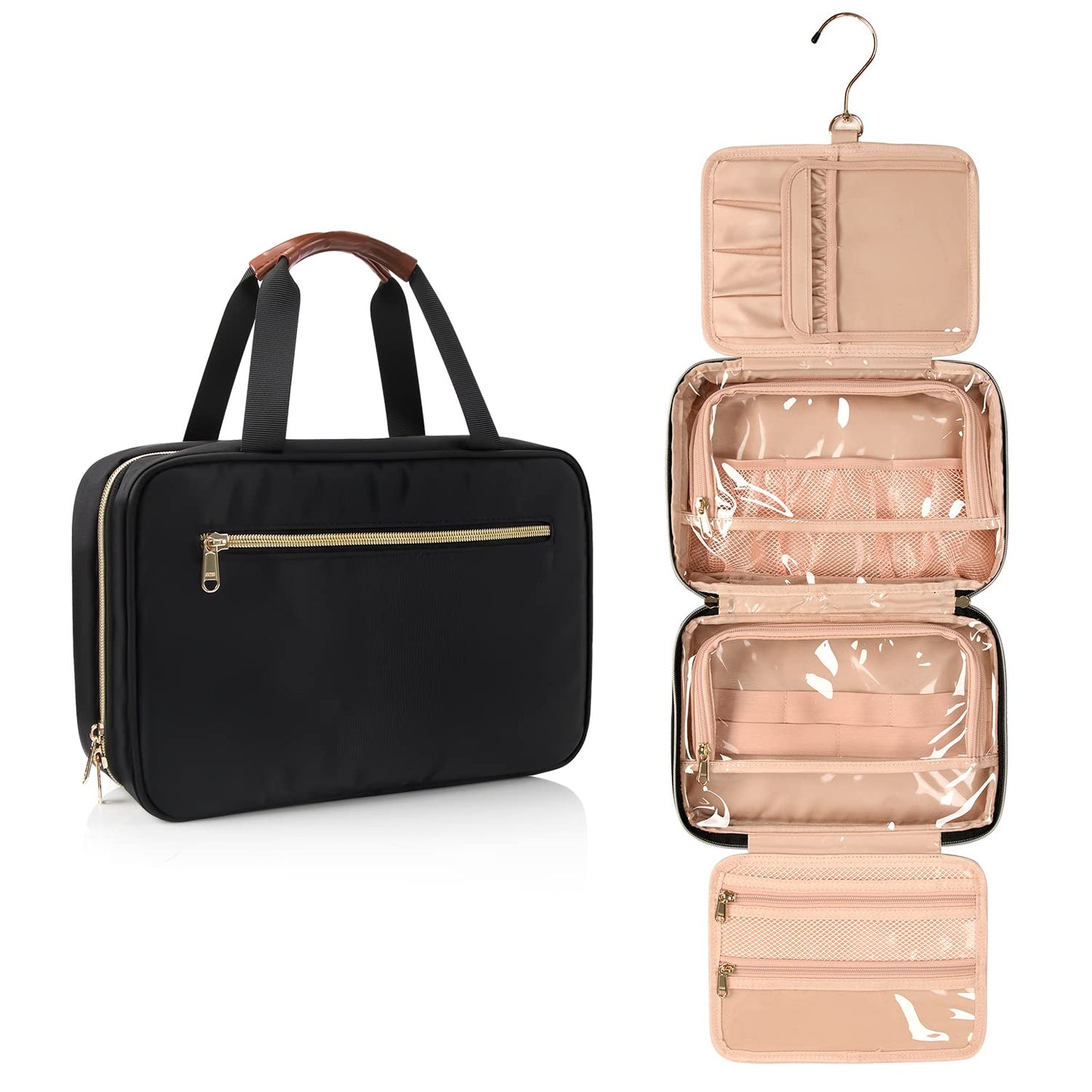 CUBETASTIC Hanging Travel Toiletry Bag, Portable Travel Makeup Bag with Handle, Waterproof Nylon Cosmetic Organizer Pouch with 360° Hanging Hook (B#-Black, Medium(Pack of 1))