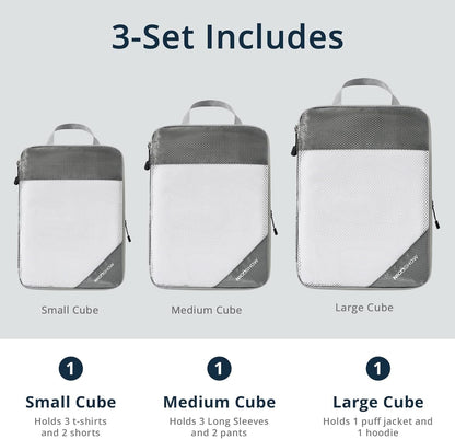 3 Set Compression Packing Cubes for Travel - Compressible, Lightweight, and Space-Saving Packing Cubes, Travel Essentials for Women, Grey