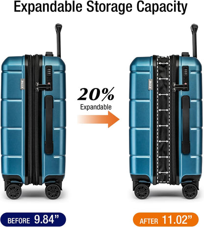 KYME Hardside Expandable Carry On Luggage 22x14x9 Airline Approved 20 Inch Hardshell Carry On Suitcase with Wheels TSA Lock Small Travel Rolling Luggage with Cup Holder for Women Men Lt Blue