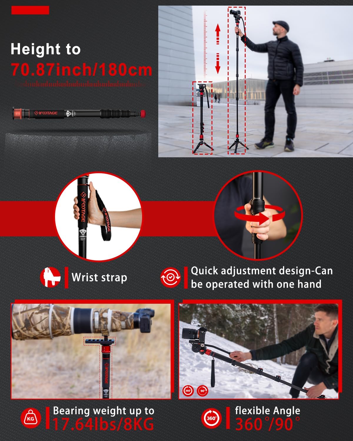 IFOOTAGE Monopod for Camera Cobra 3 A180T, Quick Adjust Monopod with Feet,Height to 71"/180cm,Walking Stick,CB3 Base Tripod,for Camera Photography,Travel,Payload up to 17.64 lbs/8 KG