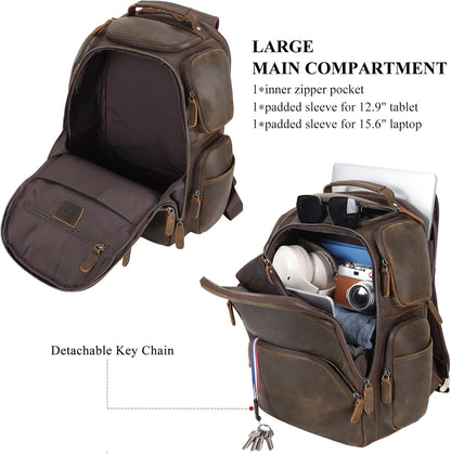 TIDING Vintage Full Grain Leather 16 Inch Laptop Backpack for Men Multi Pockets Travel Rucksack Weekend Business Daypack_Large