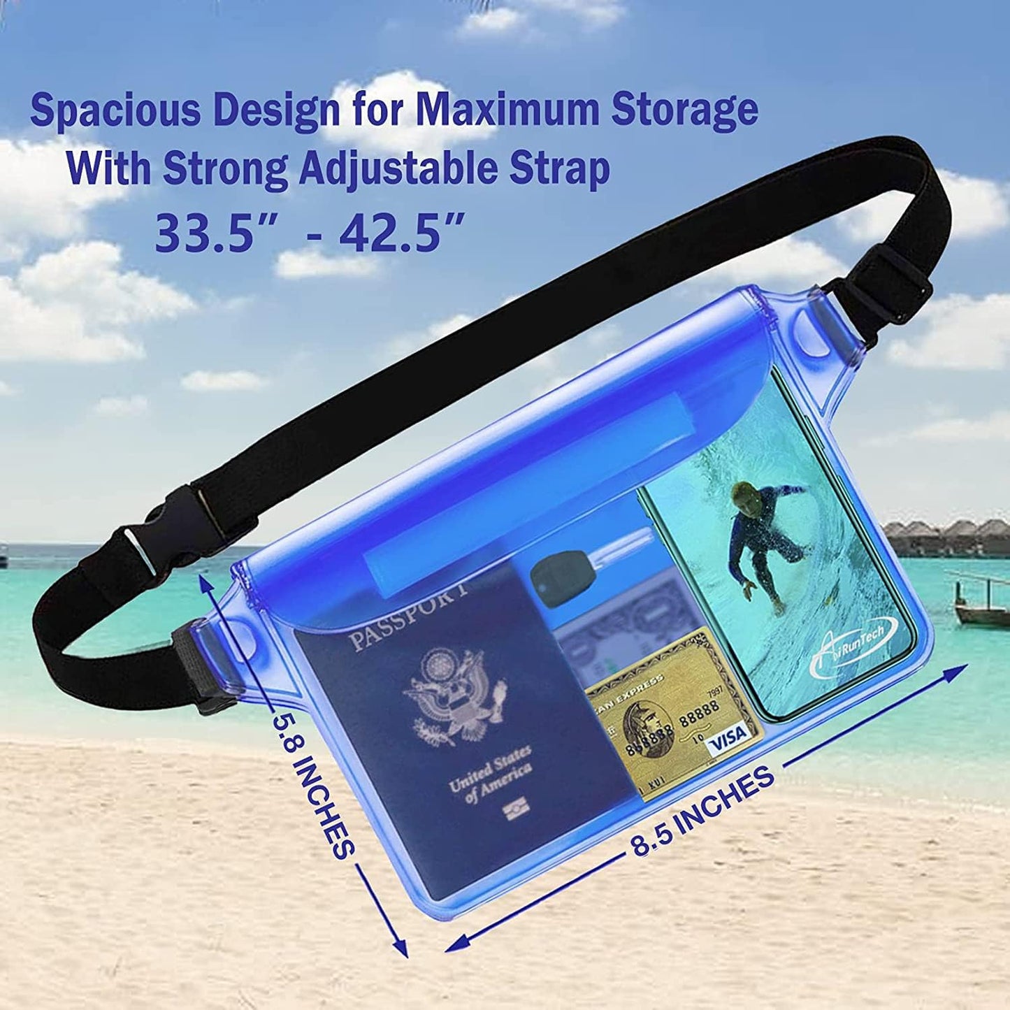 AiRunTech Waterproof Pouch with Waist Strap (2 Pack) | Beach Accessories Best Way to Keep Your Phone and Valuables Safe and Dry | Perfect for Boating Swimming Snorkeling Kayaking Beach Pool Water Park