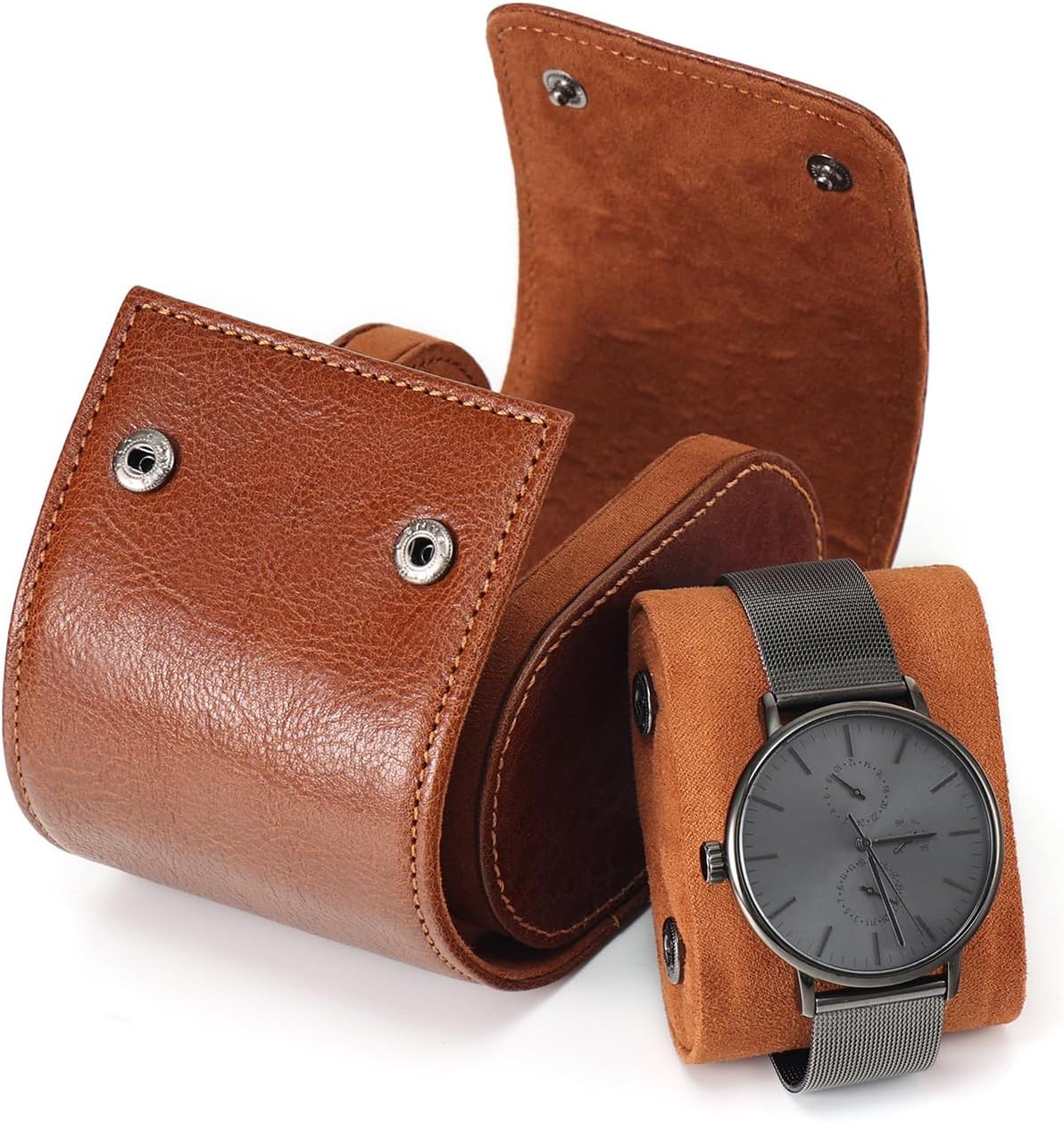 JOYIR Single Watch Roll for Travel | Genuine Leather Watch Pouch Case with Pillow | Portable Protective Sleeve for Men & Women | Ideal Gift for Watch Lovers, Father's Day