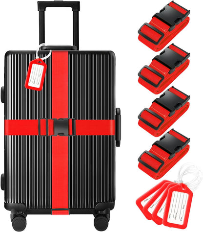 8 Pack Luggage Straps and Tags Set (4 Straps, 4 Tags), Luggage Straps for Suitcases TSA Approved Suitcase Belt Luggage Tags, Red