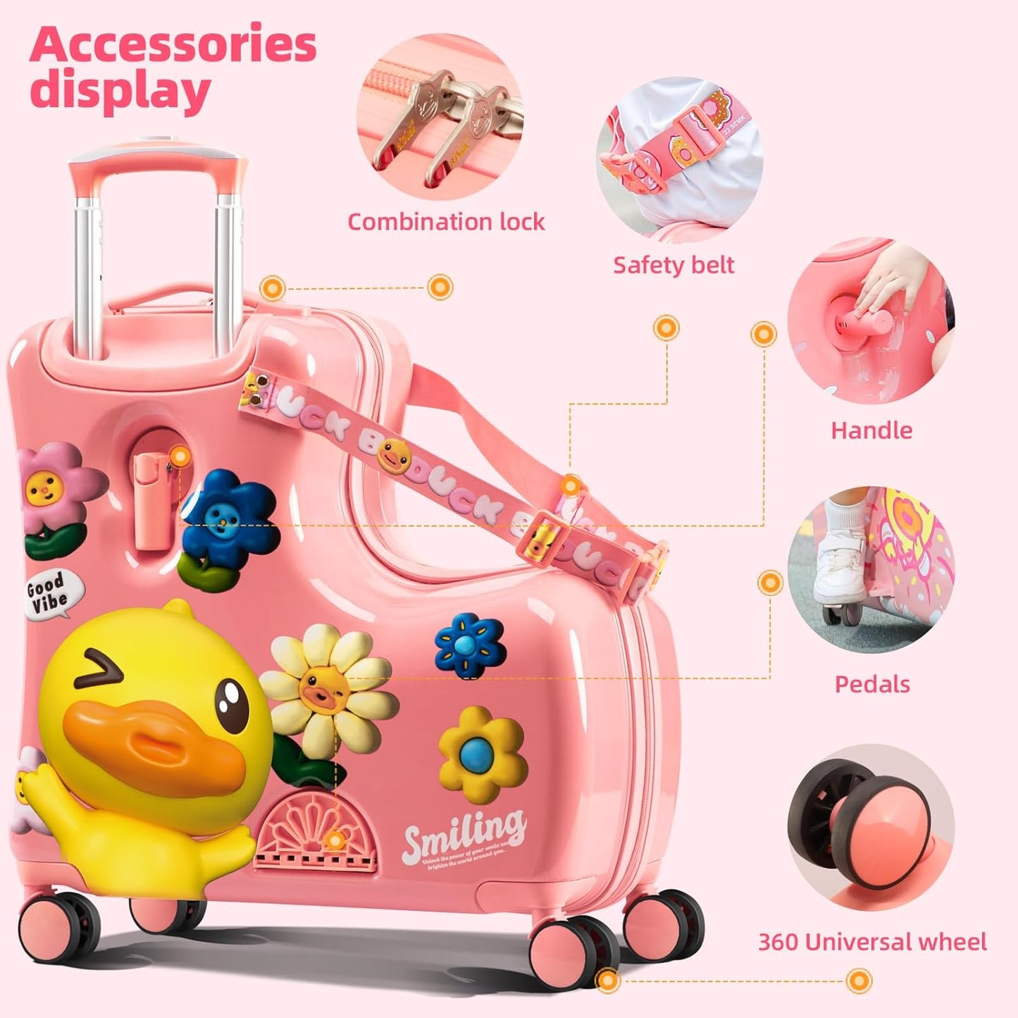 Kids Luggage, Lightweight Ride on Luggage with Spinner Wheels & Foldable Design (20-Inch+ Aged 1-3 Toddler, Pink Flower),Children Holiday Birthday Gift