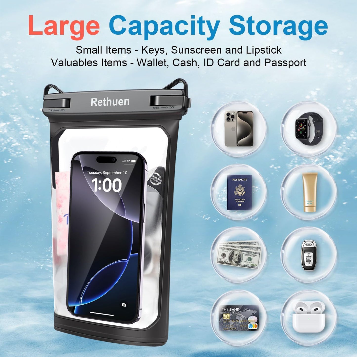 Large Floating Waterproof Phone Pouch, 2Pack Cell Phone Dry Bag for iPhone 16 15 14 13 12 Pro Max Galaxy S24 S23 S22 All Phones, Float Water Proof Bag for Beach Water Park (Black + Pink)