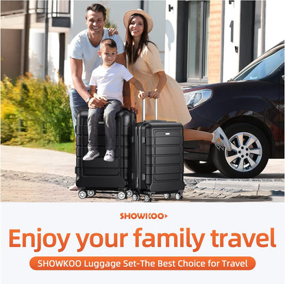 SHOWKOO Luggage Sets Expandable PC+ABS Durable Suitcase Double Wheels TSA Lock Black