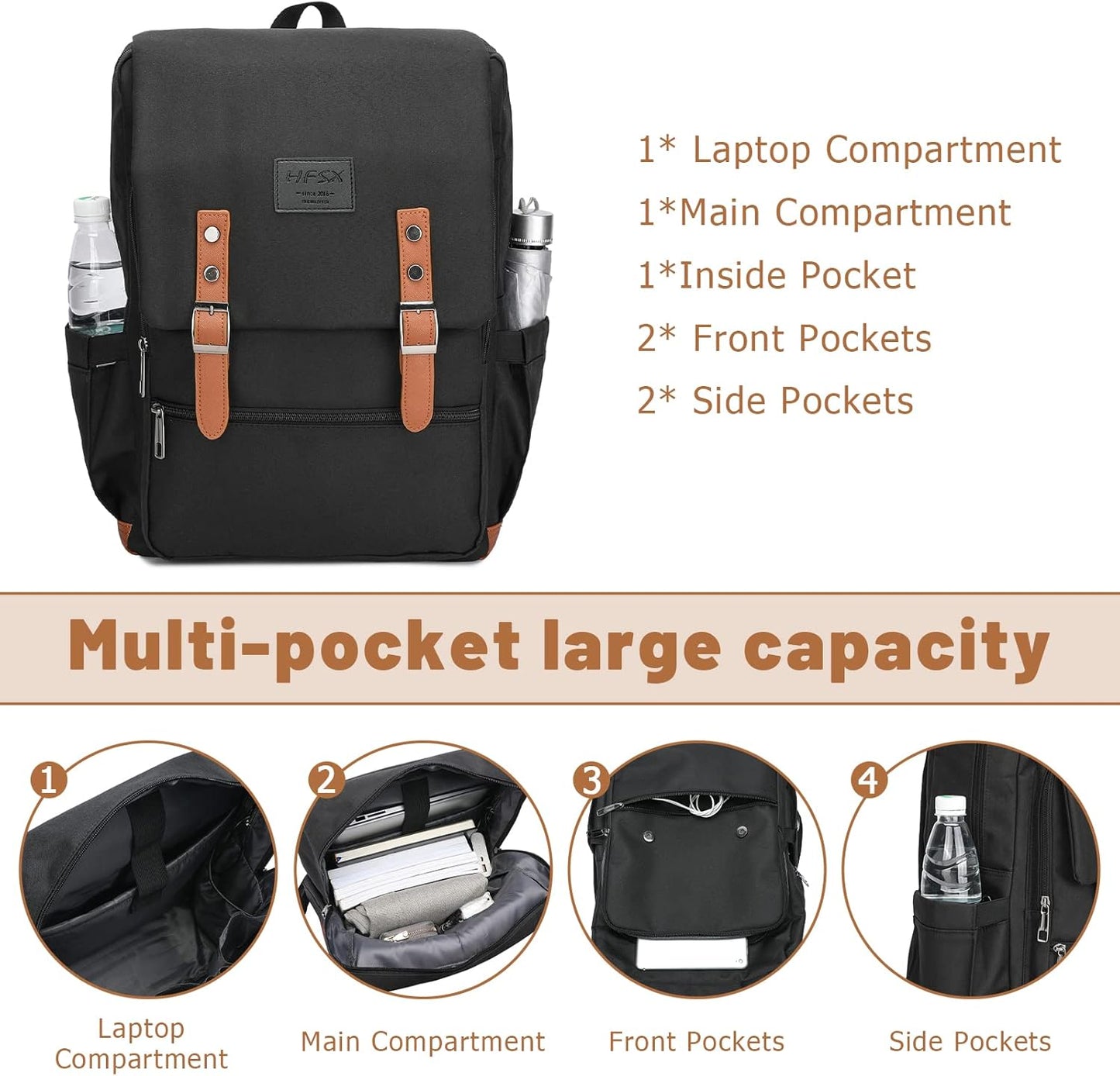 HFSX Vintage Backpack Laptop Backpack Men Women Business Travel Computer Backpack College Bookbag Stylish Water Resistant Vintage Backpack with USB Port Fits 15.6 Inch Laptop Black