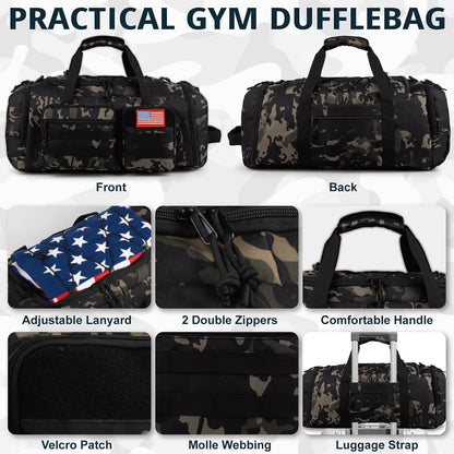 Tactical Gym Bag for Men，50L Large 3 in 1 Sports Duffle Bag with Shoes Compartment for Travel,Water Resistant Travel Backpack Weekender Overnight Bag with Wet Pocket for Women