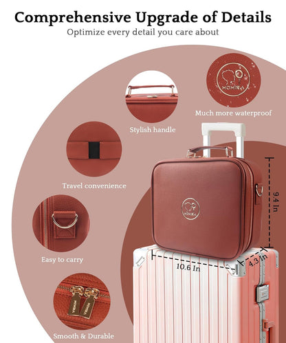 MOMIRA Travel Makeup Bag Cosmetic Bag with Lighted Mirror, Adjustable Brightness in 3 Color Scenarios/Detachable makeup mirror, All-round Upgrade, Waterproof, Gift for Women -Red Brown