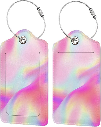 2Pcs Shining Pink Luggage Tags, Colorful Fancy Glittering Name ID Identifier Labels for Suitcase Baggage Travel Bag, Aesthetic Leather Bag Tags with Full Privacy Cover