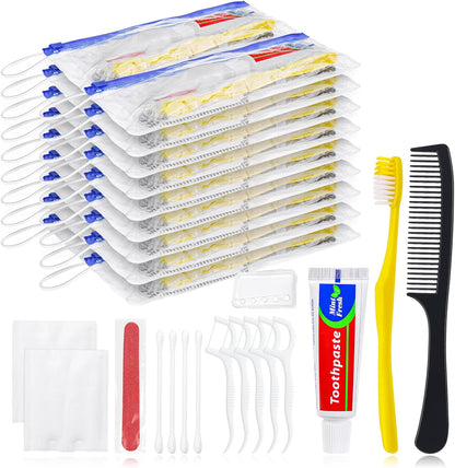 Personal Hygiene Kit Bulk Pack of 100,Yellow Disposable Toothbrushes with Toothpaste Floss Comb Cover and Hotel Vanity Set Basic Travel Toiletry Kit Supplies for Homeless,Charity,Guests