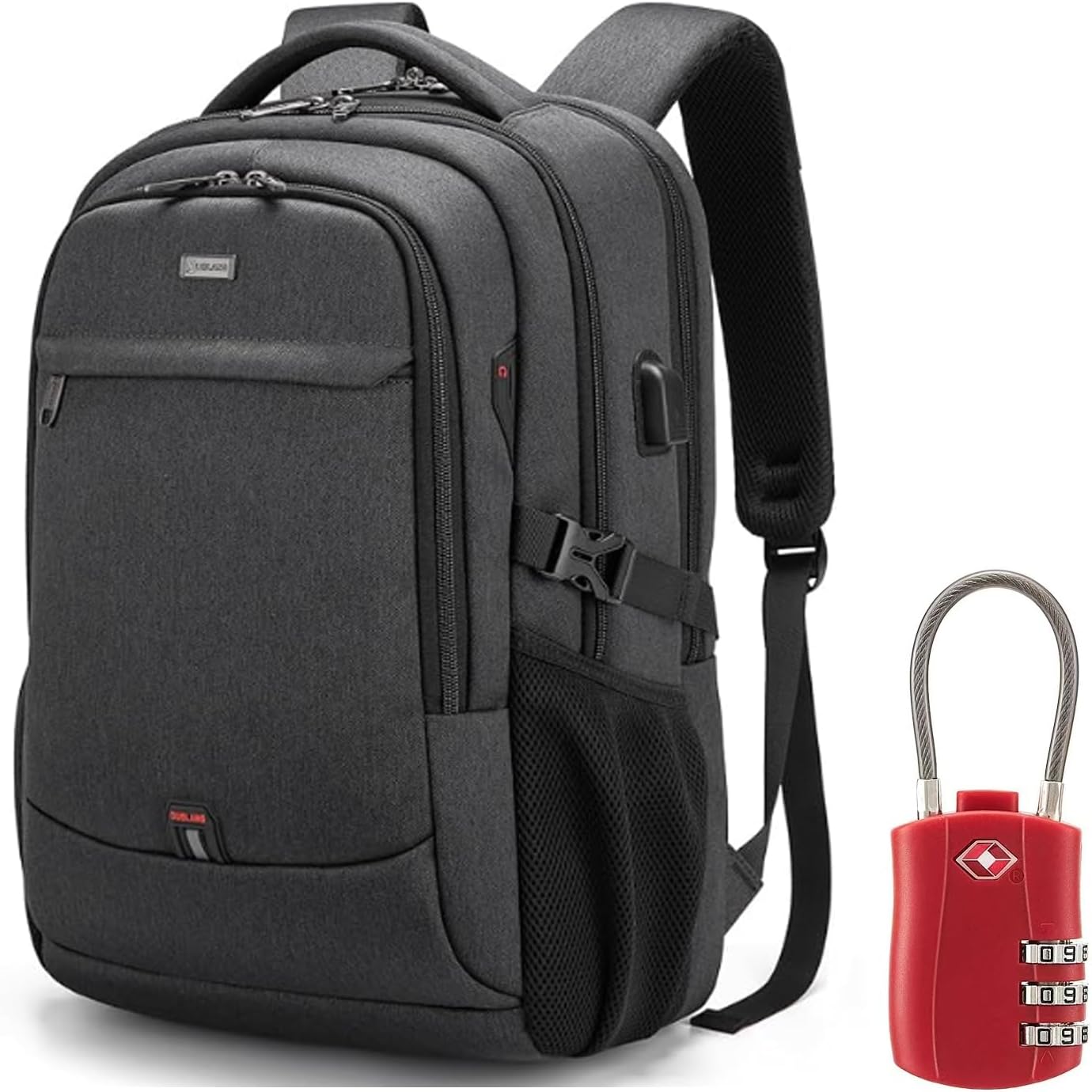 DUSLANG 17 Inch Laptop Backpack for Travel Water Resistant College Backpack for Men/Women Laptop Bag with USB Charging Port and Red TSA lock,Black