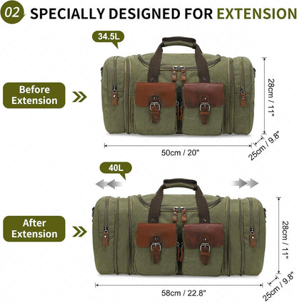 Canvas Duffle Bag with Genuine Leather Accents, Expandable 20-23 Inch Travel Weekender, Multiple Pockets, Green