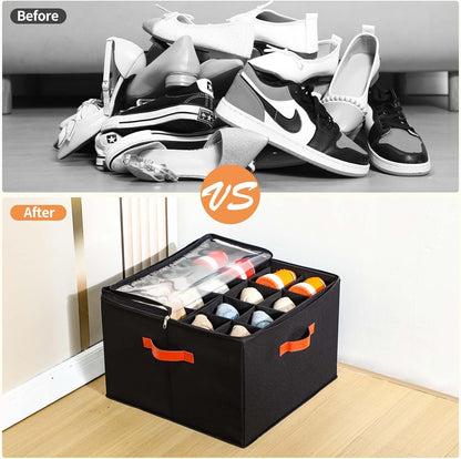2 Pack Shoe Organizer for Closet, Fits up to 32 Pairs, Adjustable Dividers for Shoe Storage, Space-Saving Shoe Bins and Clear Top, Black