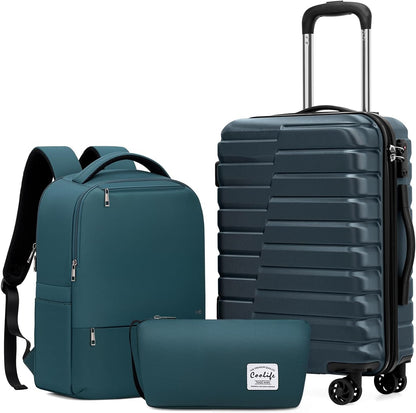 Coolife Luggage Sets 3 Piece, 20In Carry On Luggage with Spinner Wheels PC Hardside Suitcase Set with Travel Backpack (Teal blue, Backpack/TB/20)