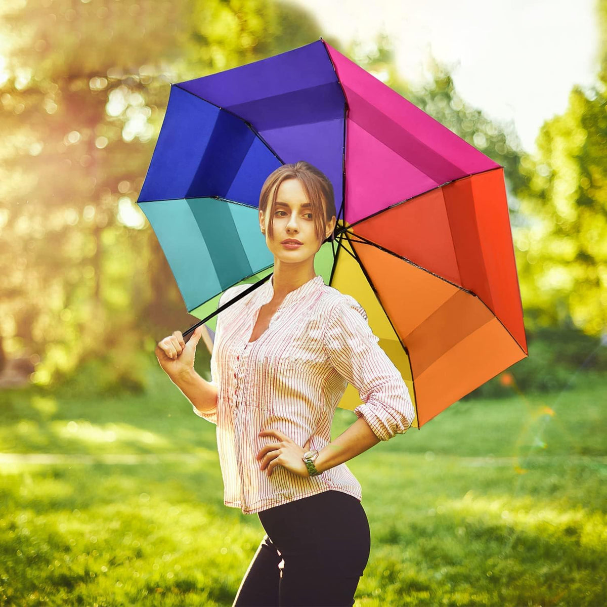 Lejorain Large Folding Golf Umbrella - Compact Mens Umbrellas Travel Rain and Windproof 54inch Collapsible Automatic Open Close Umbrella 210T Teflon Vented Double Canopy
