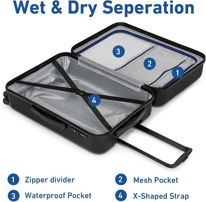 KYME Suitcase Hardshell With Double Spinner Wheels, PC+ABS TSA Lock Travel Luggage (Black, 2Pcs Set(20"/24"))