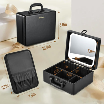 Joligrace Makeup Box with Detachable Lighted Mirror, Travel Train Case, Portable Makeup Case Cosmetic Organizer Vanity Cases for Women with Adjustable Dividers, Rechargeable Magnetic LED Mirror, Black