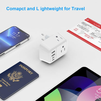 International Travel Adapter, Europe Travel Adapter with USB, Universal Travel Adapter (3 USB A & 1 Type-C) for The US to Most of Europe Iceland Spain Italy France Germany (Type E/F)