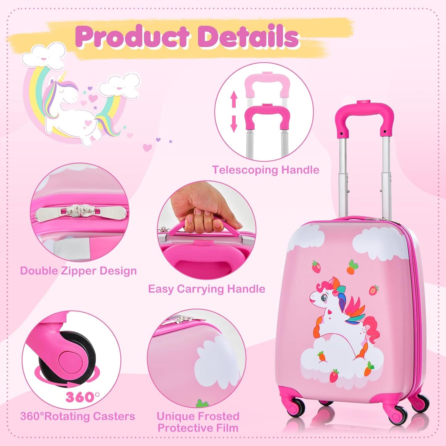 HONEY JOY Kids Luggage, 12" Toddler Backpack & 16" Travel Suitcase with Wheels, Lightweight Toddler Girls Suitcase, Durable ABS Hardshell, 2Pcs Carry On Luggage Set for Boys Girls(Unicorn)