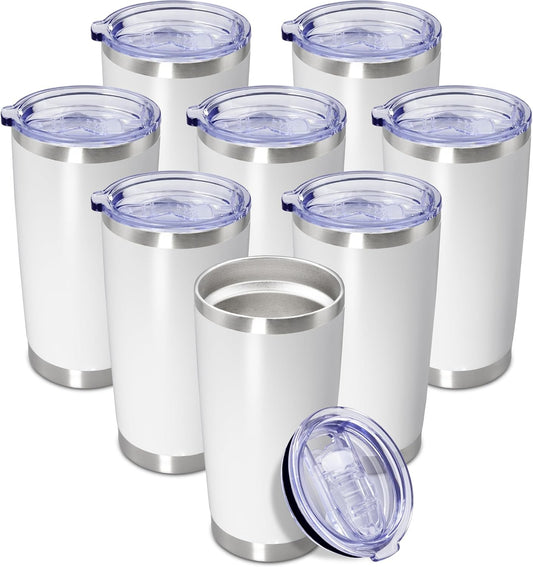 20 oz Tumbler Coffee Tavel Tumblers Bulk with Lid Stainless Steel Double Wall Vacuum Insulated Mug Powder Coated Cups fit Car Cupholder for Hot and Cold - White, 8Pack