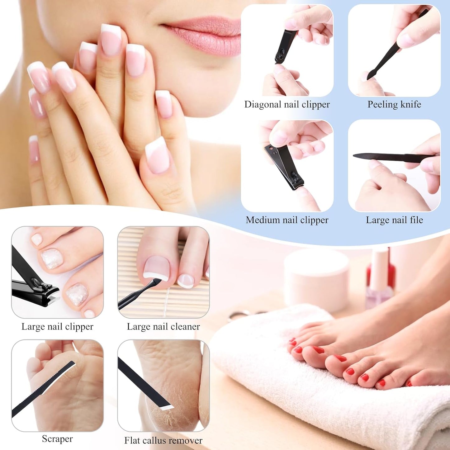 Manicure Pedicure Kit Nail Clippers Set Fingernails & Toenails Vibrissac Scissor 5 Pieces Best Care Tools for Man & Women with Travel Case (Gray/Black_A) (Dark 15 Pieces)