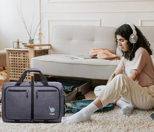 Bago Foldable Duffel Bags for Traveling Women & Men - 40L Sports Packable Duffle Bag for Travel with Shoe Compartment - Water Repellant, Heavy Duty, Lightweight Folding & Collapsible (SnowBlack)