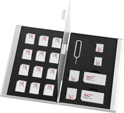 Aluminum SIM Card Case, 19Slots Ultrathin SIM Card Holder, Fit for 2 SIM Card, 14 Micro sim Card, 2 Nano sim Card and 1 Cell Phone Eject Pin Slots, Silver