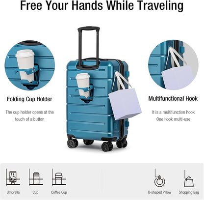 KYME Carry On Luggage 22x14x9 Airline Approved with Cup Holder Hardside Carry On Suitcase with Spinner Wheels TSA Lock Hardshell 22 inch Travel Rolling Luggage for Women Men Blue
