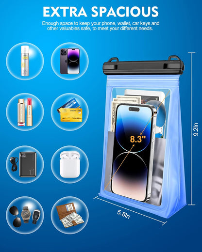 Large Waterproof Phone Pouch Floating, [Double Seals] IPX8 Waterproof Pouch for Beach Vacation Concert, Cell Phone Dry Bag for iPhone Samsung Google All Device Blue