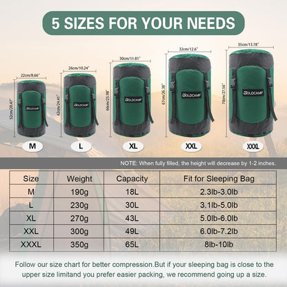 GOLDCAMP Compression Sack for Sleeping Bag Store Ultralight Sleeping Bag Compression Stuff Sack 18L 30L 43L 49L 65LSpace Saving Gear for Travel Camping Hiking Outdoor (Green, XXL)