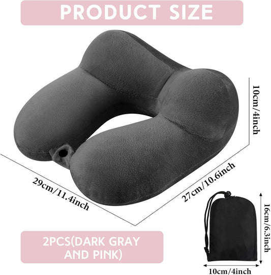 Sintuff 2 Pack Inflatable Travel Pillow for Airplanes Inflatable Neck Flight Pillows with Compact Bag and Blindfold for Traveling, Airplane, Train, Car, Office(Dark Gray and Light Pink)